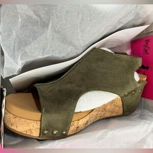 Corkys Olive Suede Cork Wedges
